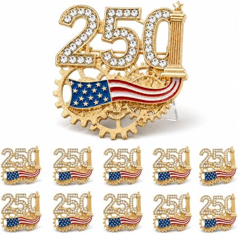 USA 250th Anniversary Lapel Pin, 1776-2026 Semiquincentennial Rhinestone Enamel Brooch with 3D Gear, Patriot Keepsake for Independence Day, Veterans, Military Families in Kuwait