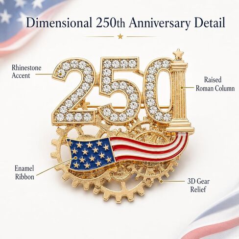 USA 250th Anniversary Lapel Pin, 1776-2026 Semiquincentennial Rhinestone Enamel Brooch with 3D Gear, Patriot Keepsake for Independence Day, Veterans, Military Families in Kuwait