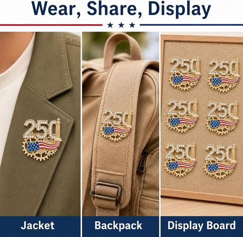 USA 250th Anniversary Lapel Pin, 1776-2026 Semiquincentennial Rhinestone Enamel Brooch with 3D Gear, Patriot Keepsake for Independence Day, Veterans, Military Families in Kuwait