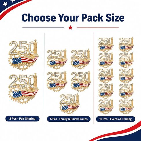 USA 250th Anniversary Lapel Pin, 1776-2026 Semiquincentennial Rhinestone Enamel Brooch with 3D Gear, Patriot Keepsake for Independence Day, Veterans, Military Families in Kuwait