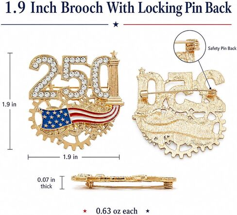 USA 250th Anniversary Lapel Pin, 1776-2026 Semiquincentennial Rhinestone Enamel Brooch with 3D Gear, Patriot Keepsake for Independence Day, Veterans, Military Families in Kuwait