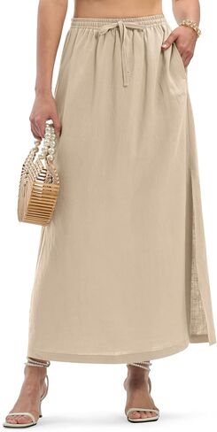 Linen Skirt Women Long Summer Beach Skirt Elastic Drawstring Waist Side Slit Skirt with Pockets in Saudi Arabia