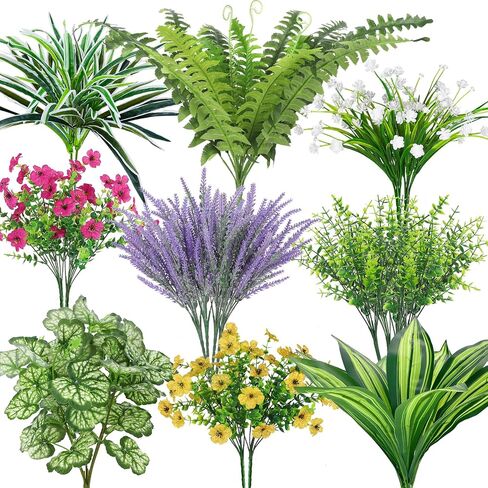 Roberly 20 Pcs Artificial Plants Outdoor, Fake Plants UV Resistant Greenery Stems Plastic Leaves Faux Flowers Bushes for Spring Summer Table Patio Front Porch Garden Indoor Outdoor Home Decor in Saudi Arabia