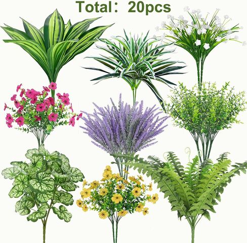 Roberly 20 Pcs Artificial Plants Outdoor, Fake Plants UV Resistant Greenery Stems Plastic Leaves Faux Flowers Bushes for Spring Summer Table Patio Front Porch Garden Indoor Outdoor Home Decor in Saudi Arabia