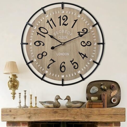 24 Inch Large Farmhouse Wall Clock, Metal Rustic Wood with Silent Quartz Movement, Easy Read Arabic Numerals, Battery Powered Round Decorative Wall Clock for Living Room Bedroom Kitchen Office in Saudi Arabia
