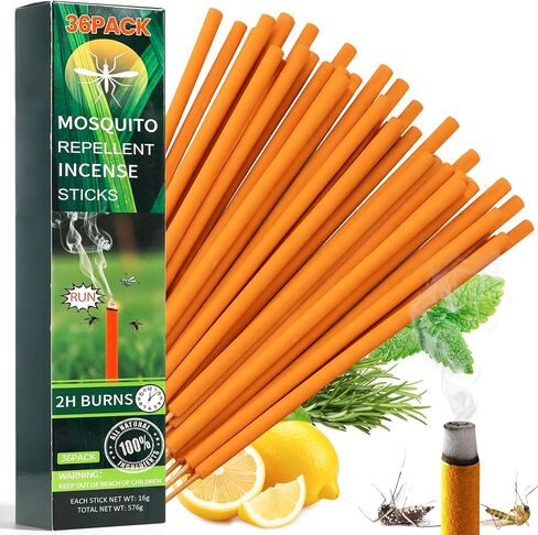 36 Pack Mosquito Incense Sticks for Outdoor Patio Backyard Indoors Camping Travel Yoga, DEET Free Mosquito Repellent Sticks Safe for Kids Pets, Long-Lasting 2-Hour Burn Time,Orange in Saudi Arabia