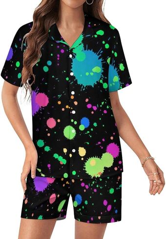 Glow in Dark Splatter Neon Womens Pajamas Set,Short-Sleeved Pajama 2 Piece Sleepwear in Saudi Arabia
