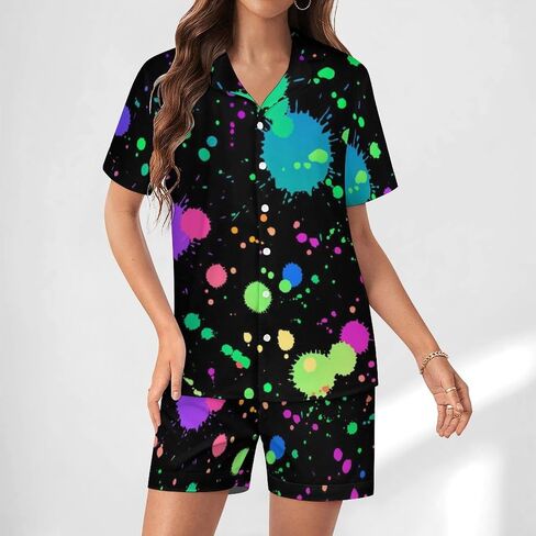 Glow in Dark Splatter Neon Womens Pajamas Set,Short-Sleeved Pajama 2 Piece Sleepwear in Saudi Arabia