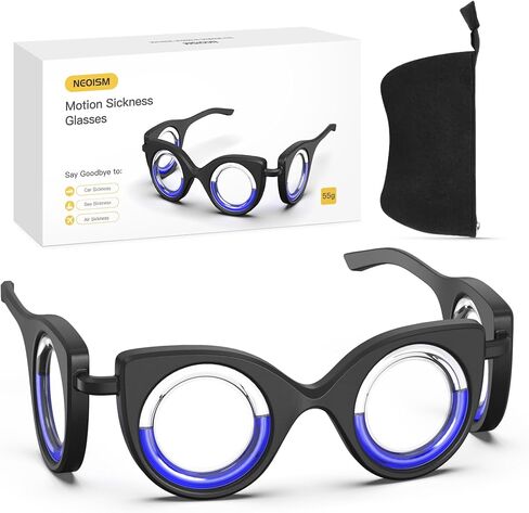 NEOISM Anti Motion Sickness Glasses, Car Sickness Glasses Relief Nausea & Dizziness, Portable Lensless Design for Car Sickness, Air Sickness, Sea Sickness, Road Trip Essentials, Blue Pattern Bag in Kuwait