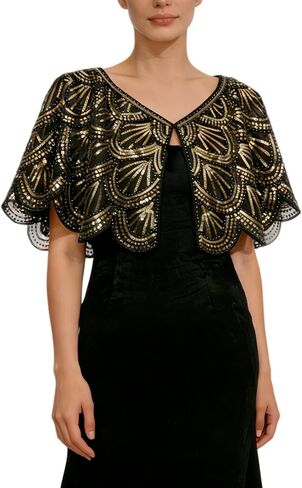 1920s Flapper Sequin Beaded Cape Shawl for Women, Vintage Art Deco Evening Shrug Bolero Wrap for Wedding Prom Cocktail Party in Saudi Arabia