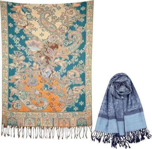 Achillea 2 Pack Steel Blue Paisley Pashmina and Teal Dark Amber Floral Shawl Bundle in Kuwait