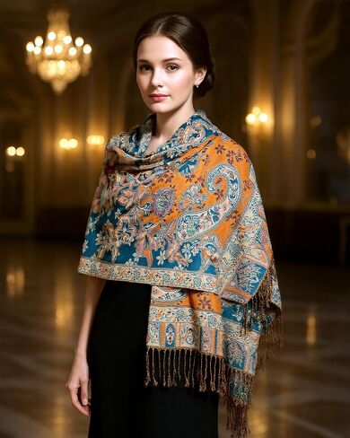 Achillea 2 Pack Steel Blue Paisley Pashmina and Teal Dark Amber Floral Shawl Bundle in Kuwait