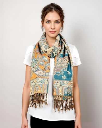 Achillea 2 Pack Steel Blue Paisley Pashmina and Teal Dark Amber Floral Shawl Bundle in Kuwait