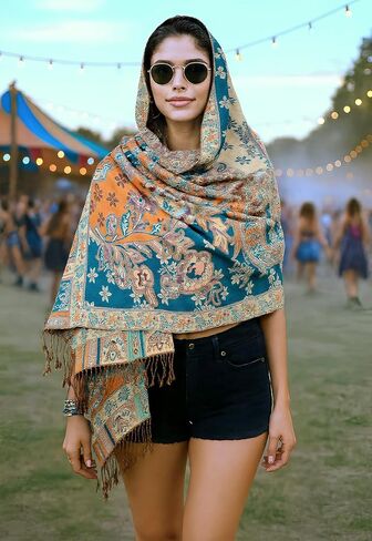 Achillea 2 Pack Steel Blue Paisley Pashmina and Teal Dark Amber Floral Shawl Bundle in Kuwait