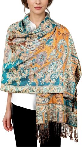 Achillea 2 Pack Steel Blue Paisley Pashmina and Teal Dark Amber Floral Shawl Bundle in Kuwait