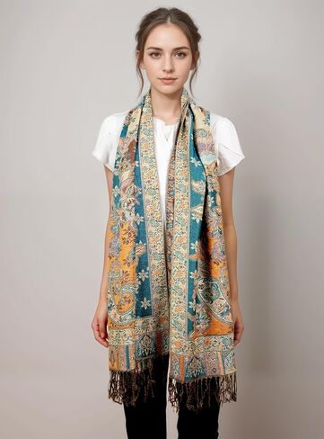 Achillea 2 Pack Steel Blue Paisley Pashmina and Teal Dark Amber Floral Shawl Bundle in Kuwait
