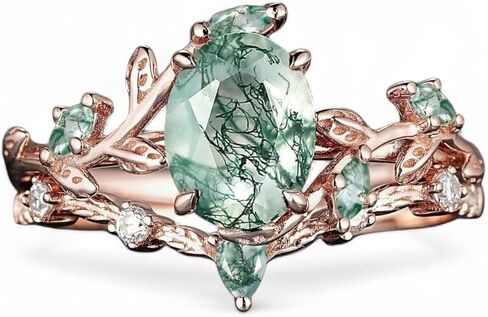 Art Deco Oval Cut Green Moss Agate Engagement Ring - 14K Rose Gold Nature-Inspired Cluster Leaf Bridal Wedding Band Set, Handmade Promise Jewelry Gift for Women in Kuwait