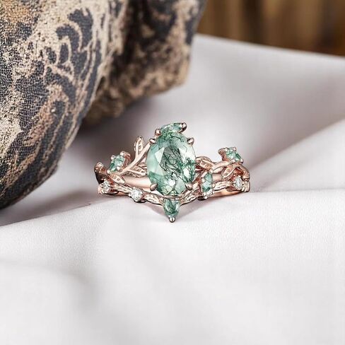 Art Deco Oval Cut Green Moss Agate Engagement Ring - 14K Rose Gold Nature-Inspired Cluster Leaf Bridal Wedding Band Set, Handmade Promise Jewelry Gift for Women in Kuwait