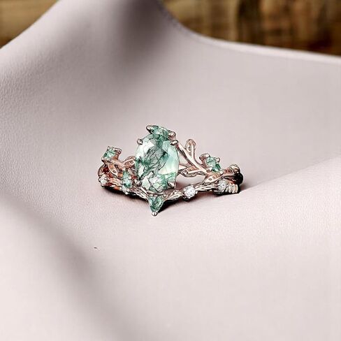 Art Deco Oval Cut Green Moss Agate Engagement Ring - 14K Rose Gold Nature-Inspired Cluster Leaf Bridal Wedding Band Set, Handmade Promise Jewelry Gift for Women in Kuwait