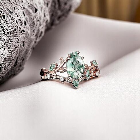 Art Deco Oval Cut Green Moss Agate Engagement Ring - 14K Rose Gold Nature-Inspired Cluster Leaf Bridal Wedding Band Set, Handmade Promise Jewelry Gift for Women in Kuwait
