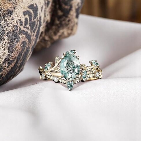 Art Deco Oval Cut Green Moss Agate Engagement Ring - 14K Rose Gold Nature-Inspired Cluster Leaf Bridal Wedding Band Set, Handmade Promise Jewelry Gift for Women in Kuwait