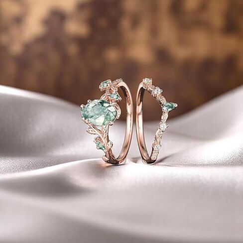 Art Deco Oval Cut Green Moss Agate Engagement Ring - 14K Rose Gold Nature-Inspired Cluster Leaf Bridal Wedding Band Set, Handmade Promise Jewelry Gift for Women in Kuwait