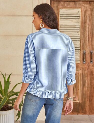 PEHMEA Women's Striped Button Down Shirt, 3/4 Sleeves Loose Fit Collared Blouse with Ruffle Casual Oversized Top in Kuwait