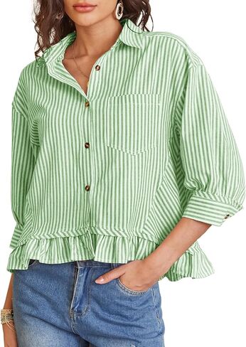 PEHMEA Women's Striped Button Down Shirt, 3/4 Sleeves Loose Fit Collared Blouse with Ruffle Casual Oversized Top in Kuwait