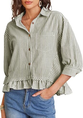 PEHMEA Women's Striped Button Down Shirt, 3/4 Sleeves Loose Fit Collared Blouse with Ruffle Casual Oversized Top in Kuwait