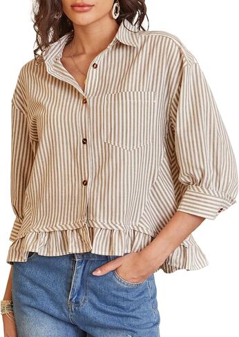PEHMEA Women's Striped Button Down Shirt, 3/4 Sleeves Loose Fit Collared Blouse with Ruffle Casual Oversized Top in Kuwait
