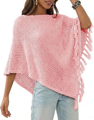 Womens Crochet Sheer Knit Ponchos Y2k Mesh Shawl Summer Trendy Fringe Shrug Festival Tops in Saudi Arabia
