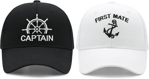 قبعات سائقي الشاحنات من Waldeal Captain and First Mate للأزواج، هدايا القوارب البحرية المضحكة، قبعات شبكية قابلة للتعديل، ملحقات الرحلات البحرية للقوارب الشراعية، أسود وأبيض in Kuwait