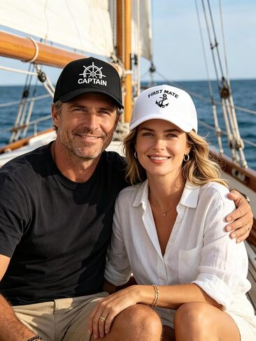 قبعات سائقي الشاحنات من Waldeal Captain and First Mate للأزواج، هدايا القوارب البحرية المضحكة، قبعات شبكية قابلة للتعديل، ملحقات الرحلات البحرية للقوارب الشراعية، أسود وأبيض in Kuwait