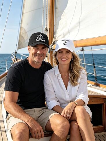 قبعات سائقي الشاحنات من Waldeal Captain and First Mate للأزواج، هدايا القوارب البحرية المضحكة، قبعات شبكية قابلة للتعديل، ملحقات الرحلات البحرية للقوارب الشراعية، أسود وأبيض in Kuwait