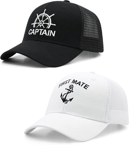 قبعات سائقي الشاحنات من Waldeal Captain and First Mate للأزواج، هدايا القوارب البحرية المضحكة، قبعات شبكية قابلة للتعديل، ملحقات الرحلات البحرية للقوارب الشراعية، أسود وأبيض in Kuwait