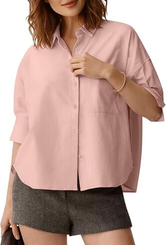 Womens Summer Button Down Shirt Half Sleeve Blouses Dressy Business Casual High Low Crop Tops with Pocket in Saudi Arabia