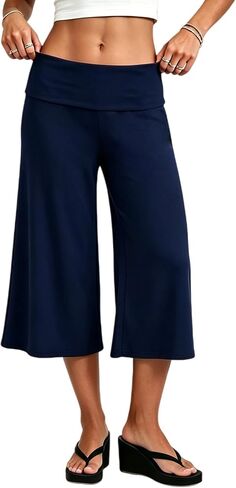 Gaucho Pants for Women Fold Over Low Rise Wide Leg Yoga Capri Pants Summer Comfy Flowy Lounge Culottes Pants in Kuwait