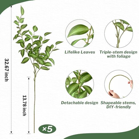 Waipfaru 5PCS Greenery Stems for Vases, 32.7 inch Artificial Eucalyptus Green Fake Leaves Branches, Faux Olive Silk Plants for Centerpieces Vase Filler Home Kitchen Decor in Kuwait