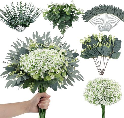 N&T NIETING 120Pcs Artificial Mixed Eucalyptus Stems Leaves Bulk, Faux Greenery Stems Branches with Baby Breath Silver Dollar Fake Eucalyptus Sprays for Wedding Decor Vase Bouquet Floral Arrangement in Saudi Arabia