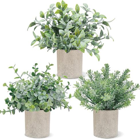USLAI 3 Pack Fake Plants, 8-Inch Small Potted Eucalyptus Artificial Plants for Home Office Room Shelf Desk Decor in Saudi Arabia