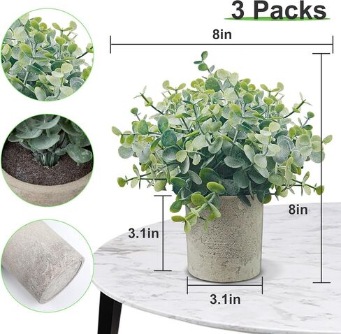 USLAI 3 Pack Fake Plants, 8-Inch Small Potted Eucalyptus Artificial Plants for Home Office Room Shelf Desk Decor in Saudi Arabia