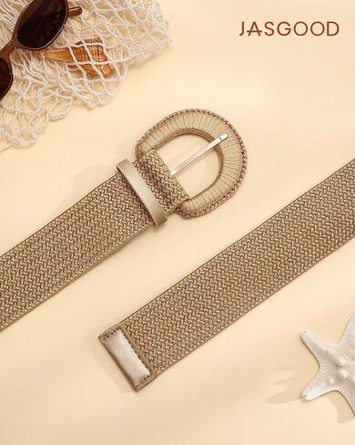 JASGOOD Women Wide Elastic Boho Belt Rope Woven Belt for Dress Stretch Braided Waist Belt with Chunky Buckle 1.97" Width in Kuwait