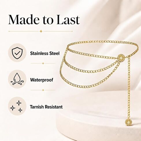 Gold Chain Belt for Women, Multilayer Metal Waist Chain, Adjustable Chain Belts for Dress, Snag-Free Belly Chain Jewelry for Wedding/Everyday Wear (35.4") in Kuwait