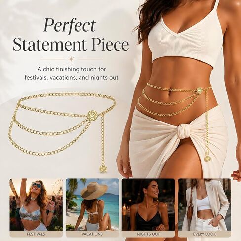 Gold Chain Belt for Women, Multilayer Metal Waist Chain, Adjustable Chain Belts for Dress, Snag-Free Belly Chain Jewelry for Wedding/Everyday Wear (35.4") in Kuwait