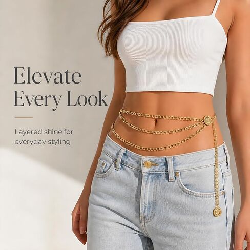 Gold Chain Belt for Women, Multilayer Metal Waist Chain, Adjustable Chain Belts for Dress, Snag-Free Belly Chain Jewelry for Wedding/Everyday Wear (35.4") in Kuwait
