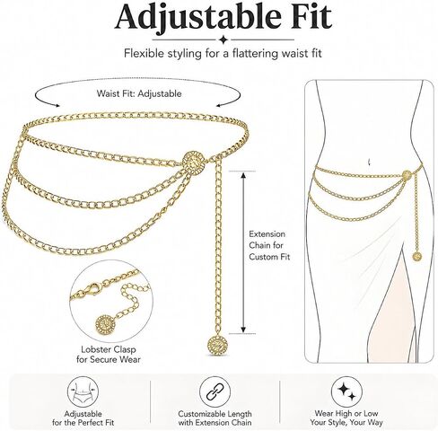 Gold Chain Belt for Women, Multilayer Metal Waist Chain, Adjustable Chain Belts for Dress, Snag-Free Belly Chain Jewelry for Wedding/Everyday Wear (35.4") in Kuwait
