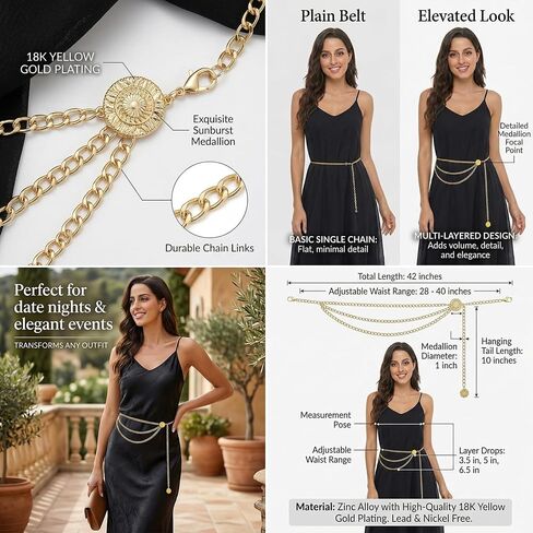 Gold Chain Belt for Women, Multilayer Metal Waist Chain, Adjustable Chain Belts for Dress, Snag-Free Belly Chain Jewelry for Wedding/Everyday Wear (35.4") in Kuwait