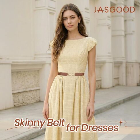 JASGOOD 2 Pack Women Skinny Stretchy Belt for Dresses Thin Elastic Belt Fashion Ladies Waist Belt with Gold Buckle in Kuwait
