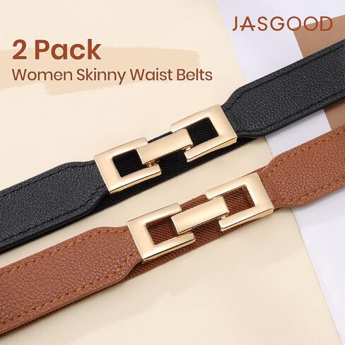 JASGOOD 2 Pack Women Skinny Stretchy Belt for Dresses Thin Elastic Belt Fashion Ladies Waist Belt with Gold Buckle in Kuwait