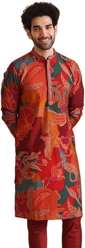 KISAH Mens Kurta|Blended Fabric Printed Mens Ethnic Wear|Regular Fit Mandarin Collar Long Sleeves, Multi in Saudi Arabia